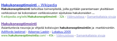 Pienet sivustolinkit haettaessa sanalla "hakukoneoptimointi"