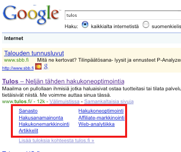 Googlen sivustolinkit haettaessa sanalla "tulos"
